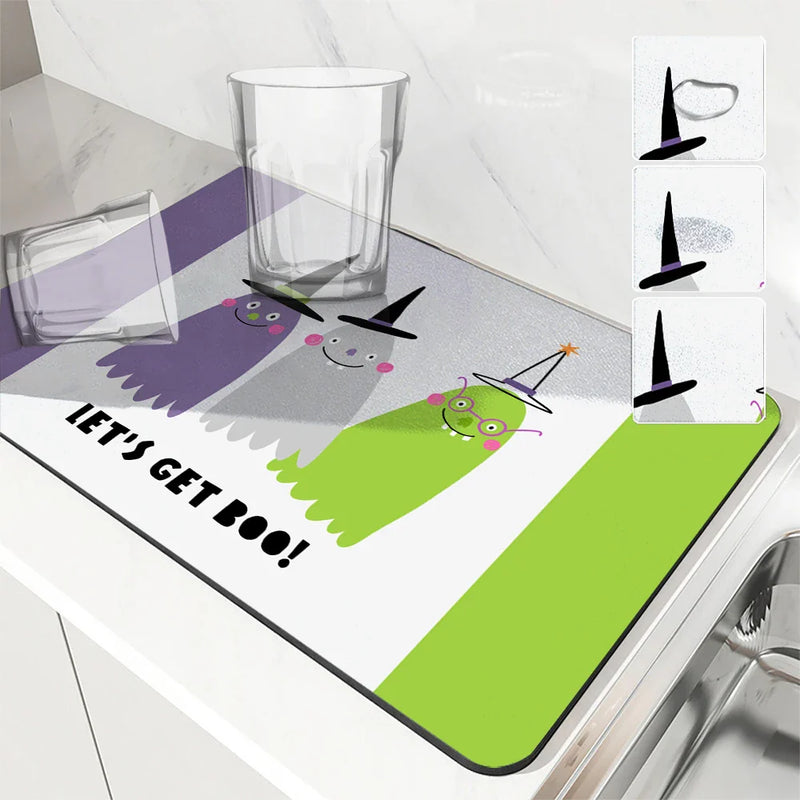 Axyaa Halloween Cat Drain Pad, Absorbent Anti-Slip Mat for Dishes and Cups
