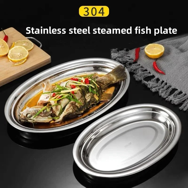 Axyaa Stainless Steel Oval Fish Plate for Dining, Sushi, Snacks, and Desserts