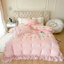Axyaa Pink Lace Gauze Bedding Set - Elegant Princess Style Queen Duvet Cover