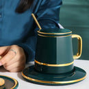Axya™ Emerald Ceramic Couple Cup Set with Lid, Spoon & Saucer