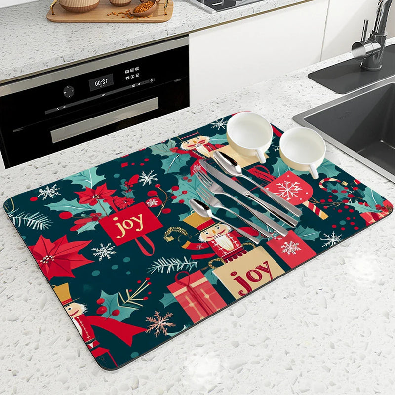 Axyaa Christmas Holly Absorbent Dry Mat for Dishes and Cups