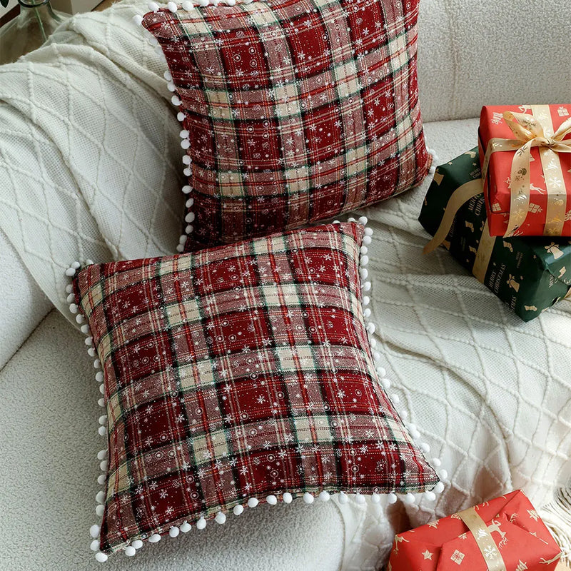 Axyaa Double-Sided Plaid Christmas Cushion Cover with Balls, 45x45 Snow Throw Pillow