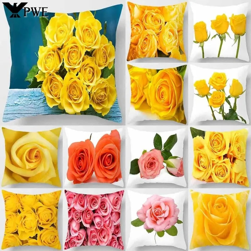 Axyaa Yellow Rose Print Pattern Cushion Cover for Home Decor