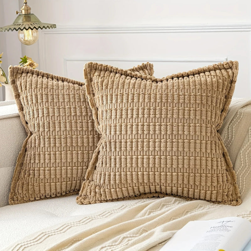 Axyaa Soft Corduroy Stripe Pillow Cover with Geometric Pattern