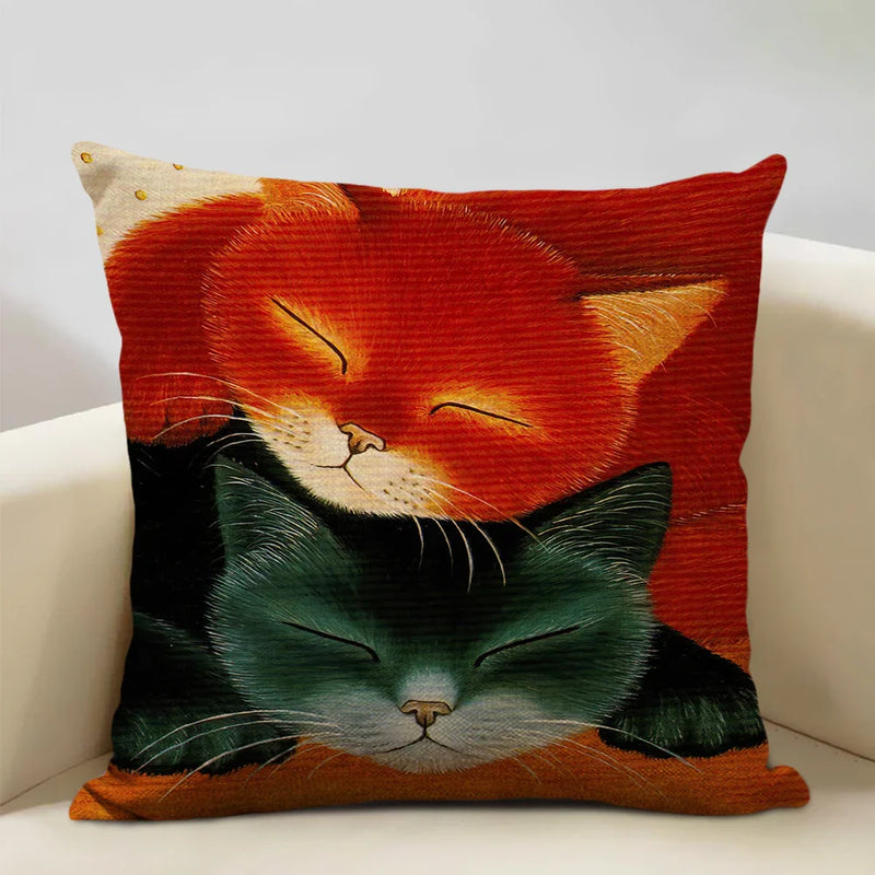 Axyaa Cat and Dog Pattern Cushion Cover 45x45cm Linen Square Pillowcase