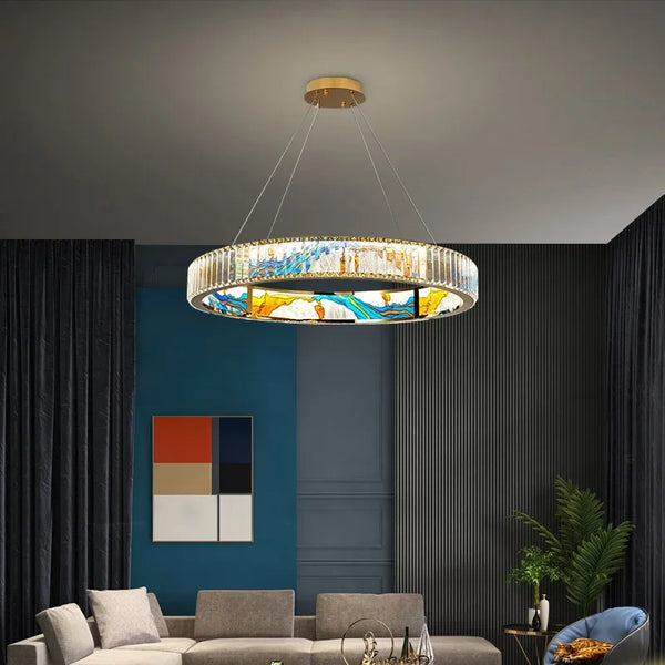 Axyaa Luxury Enamel Color Chandelier Crystal Glass Pendant Light LED Ring for Home Decor