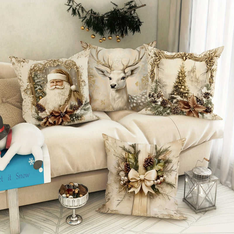 Axyaa Christmas Pillowcase Set for Home Decor - Santa Claus Reindeer Tree Design