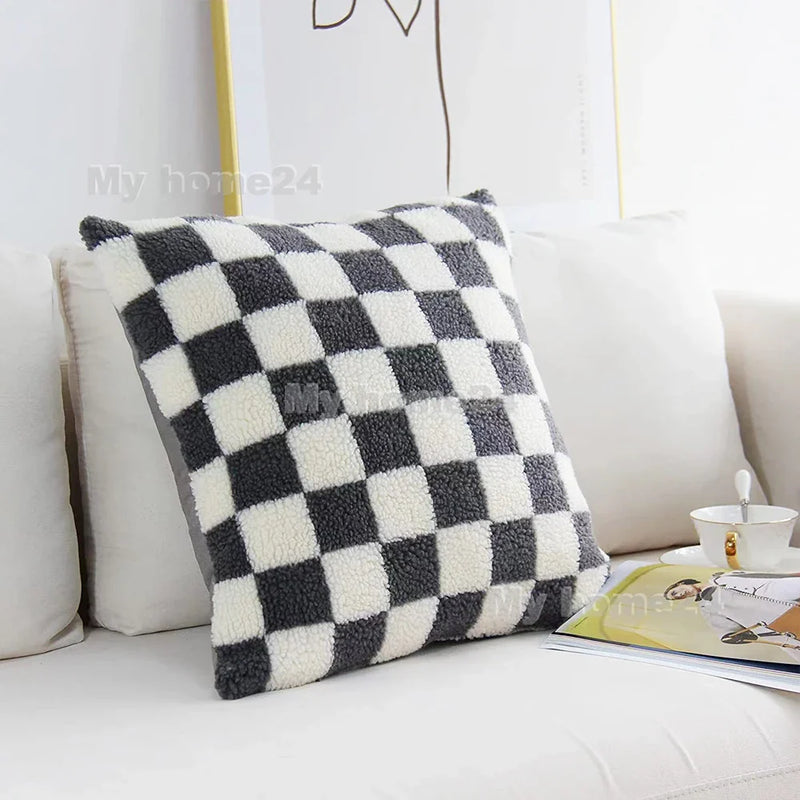 Axyaa Checkerboard Plaid Knit Plush Pillow Cover for Car Sofa, 45*45cm, 50*50cm