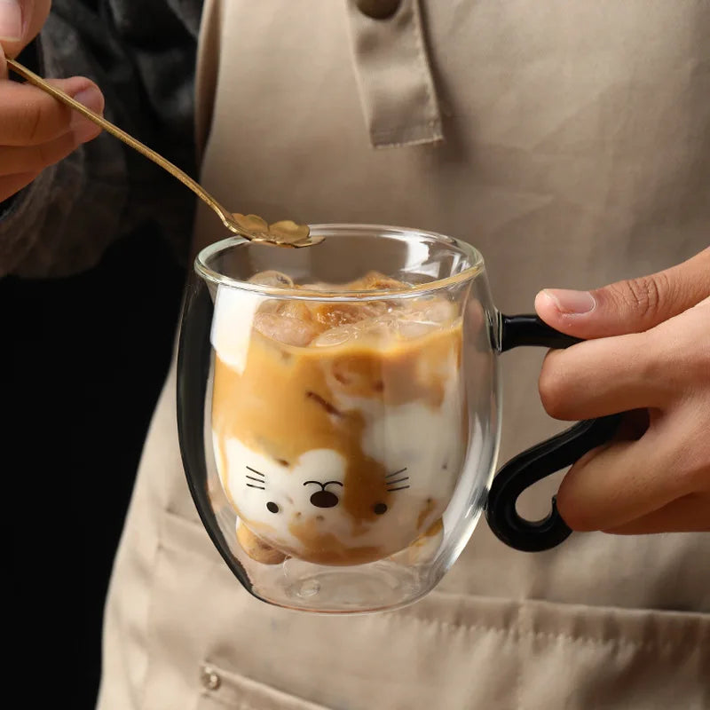 Axya 250ml Cartoon Cat Double Wall Glass Coffee Tea Cup Heat-resistant Mug