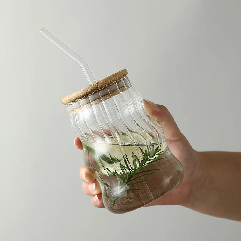 Axya 500ml Glass Tumblers with Bamboo Lid and Straw, Clear Mason Jar Drinkware