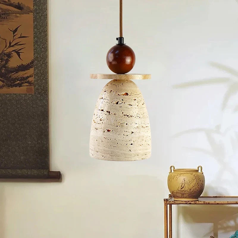 Axyaa Yellow Travertine Wood Pendant Light, LED Hanging Lamp for Dinging Living Room