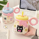 Axyaa Cute Cat Water Bottle with Straw Cap and Handle - 950ml Gym Travel Tumbler