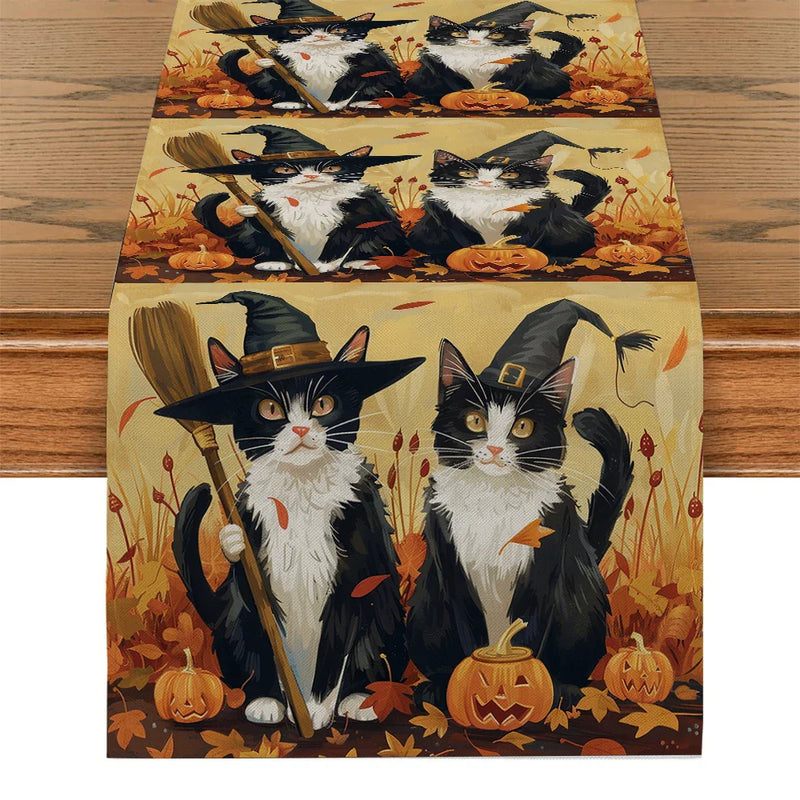 Axyaa Halloween Cat Pumpkin Wizard Hat Table Runner Home Wedding Decoration