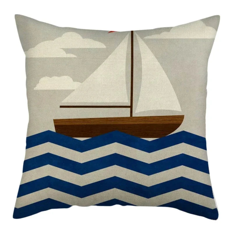 Marine Ship Print Linen Pillow Cover for Home Sofa Decor Axyaa