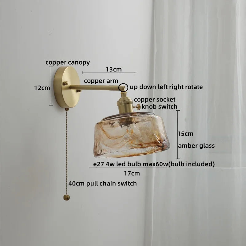 Axyaa Glass Copper LED Wall Lamp with Knob Switch for Modern Home Decor