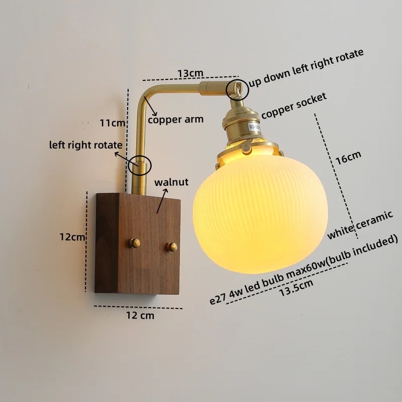 Axyaa Walnut Ceramic LED Wall Lamp with Pull Chain Switch