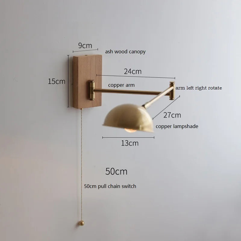 Axyaa Walnut Ash Wood Canopy LED Wall Sconce with Pull Chain Switch