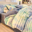 Luxury Axyaa Rabbit Fur Velvet Bedding Set, AB Side Duvet Cover, Flanne Plush Bed Sheet