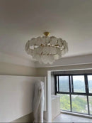 Axyaa Brass Alabaster Marble Round Chandelier Living Room Pendant Ring Lamp