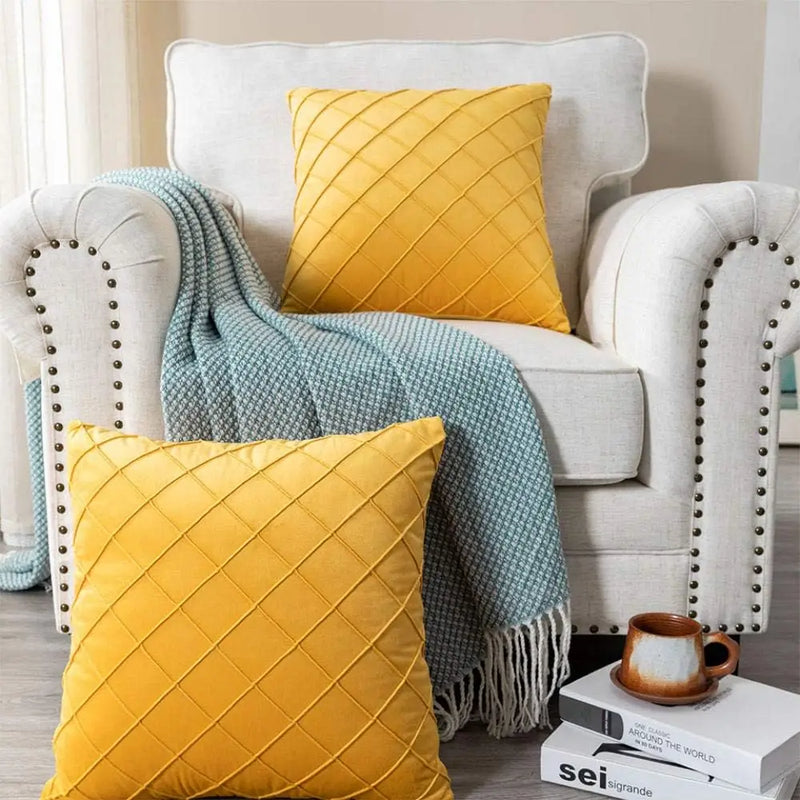 Yellow Plaid Sofa Pillowcase by Axyaa: Chic Living Room Cushion Cover 45x45