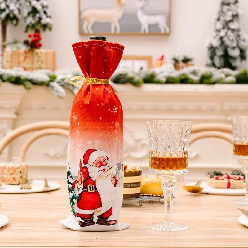 Axyaa Christmas Wine Bottle Cover - Santa Claus Snowman Elk Print - Xmas Table Decor