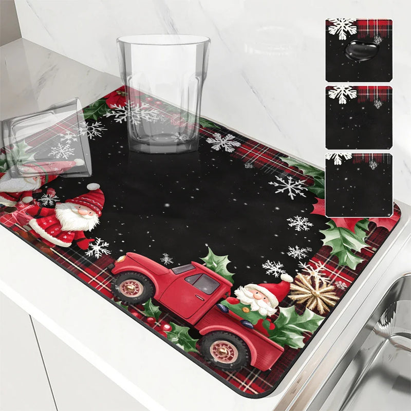 Christmas Dwarf Gift Poinsettia Drying Mat by Axyaa - Non-Slip Absorbent Kitchen Mat
