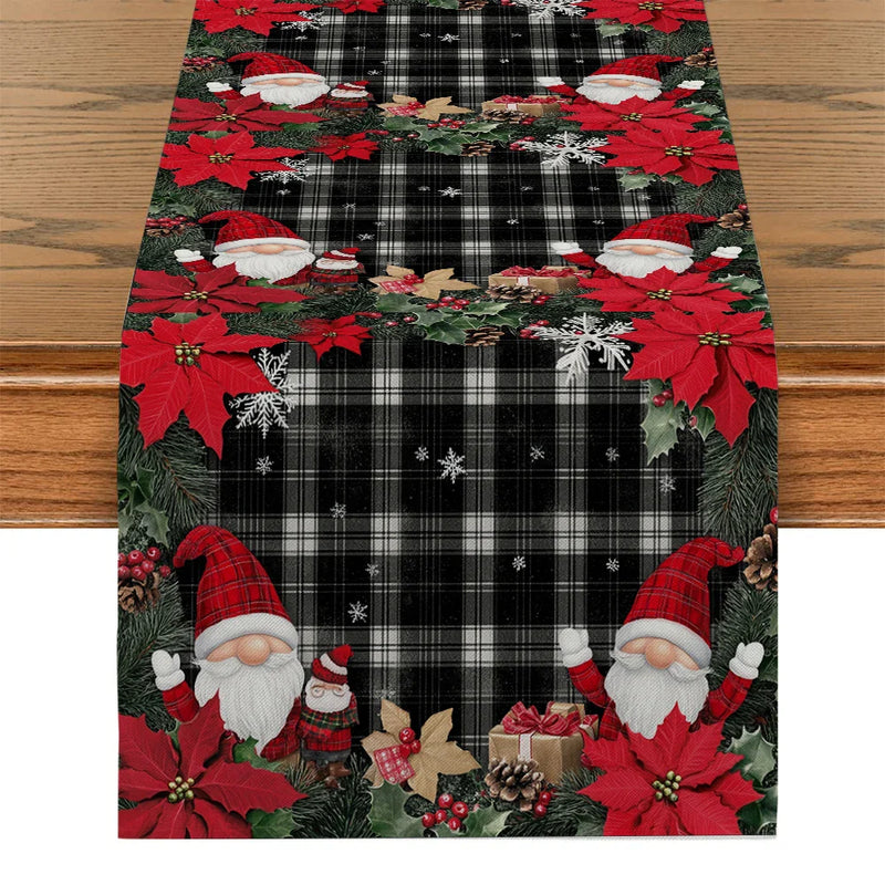 Axyaa Christmas Dwarf Gift Table Runner Holly Poinsettia Farmhouse Decor