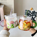 Axyaa Glass Cup with Lid and Straw, 600ml Cute Flower Design Mug