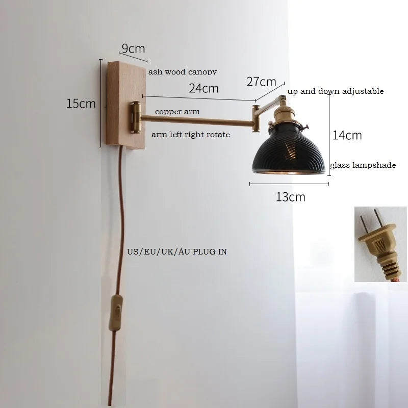 Axyaa Clear Glass Copper LED Wall Lights with Pull Chain Switch for Bedroom and Living Room