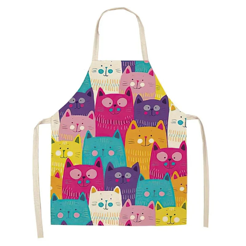 Axya Cute Cat Print Cotton Linen Sleeveless Apron for Cooking Baking Kitchen