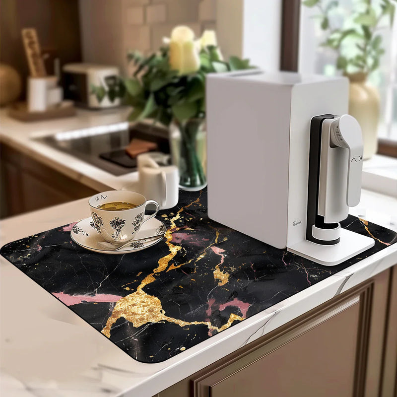 Axyaa Black Marble Kitchen Draining Mat - Absorbent & Anti-slip