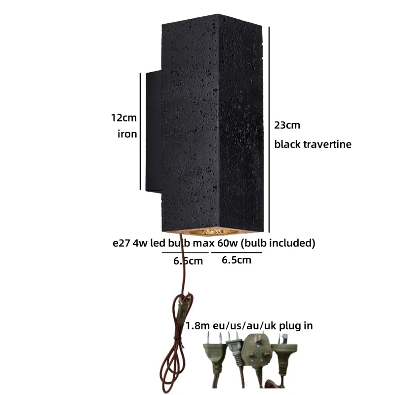 Axyaa Black Travertine Stone LED Wall Light for Chic Indoor Decor