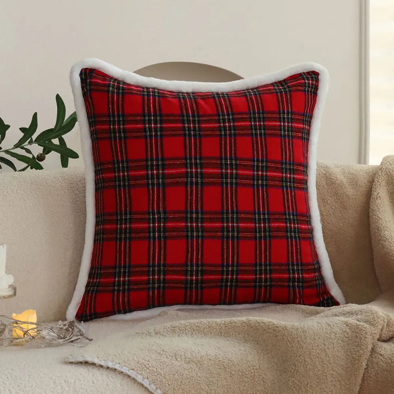 Axyaa Red Plaid Cushion Cover with White Plush Edge for Living Room and Bedroom