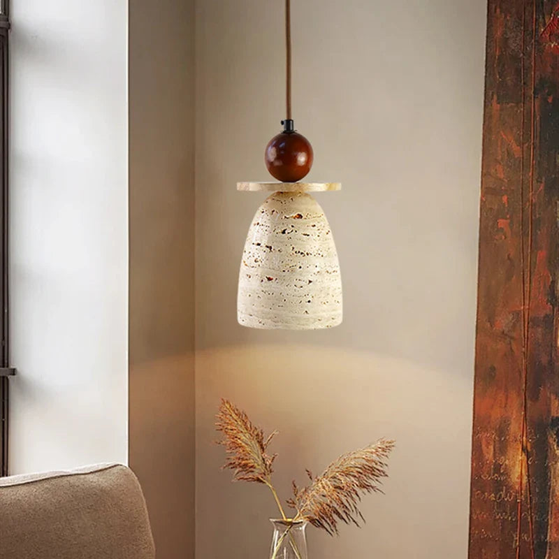 Axyaa Yellow Travertine Wood Pendant Light, LED Hanging Lamp for Dinging Living Room