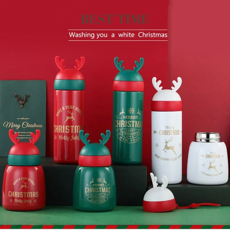 Axyaa Cartoon Antler Stainless Steel Thermos Cups: Festive Couple Cups for Christmas, New Year.