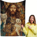 Axyaa Cat Jesus Print Flannel Blanket - Cozy Throw for Home, Office, or Travel