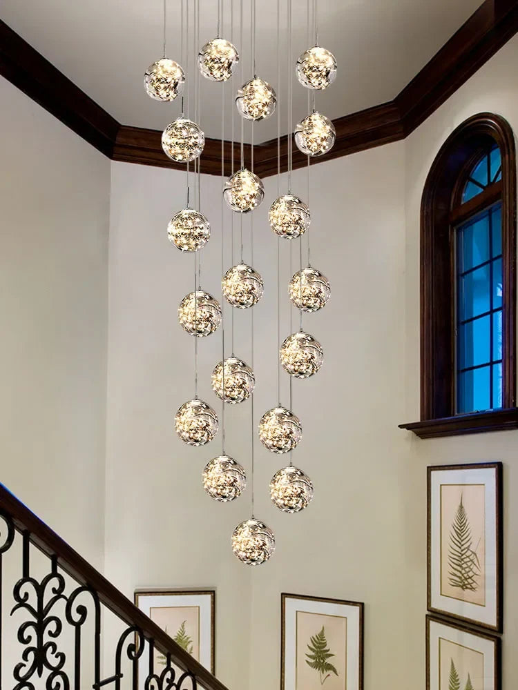 Axyaa Minimalist LED Glass Chandelier, Round Ball Gold Hanging Lights for Staircases