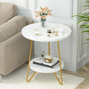 Axyaa Faux Marble 2 Tier Round End Table with Shelves White and Gold