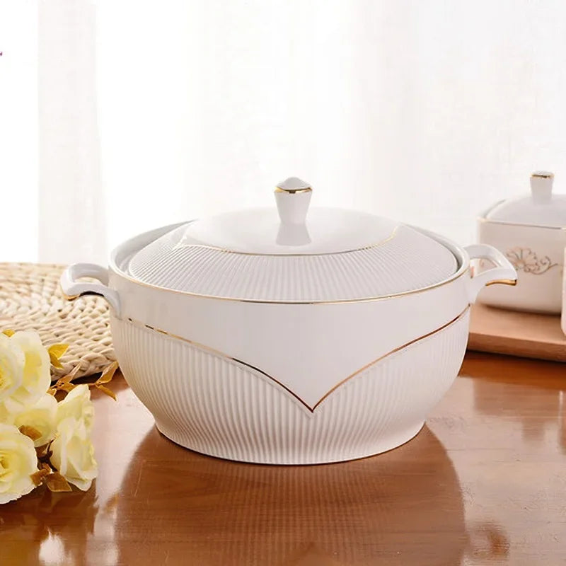 Axya Nordic White Ceramic Soup Pot with Lid, 2.6L Large Bowl