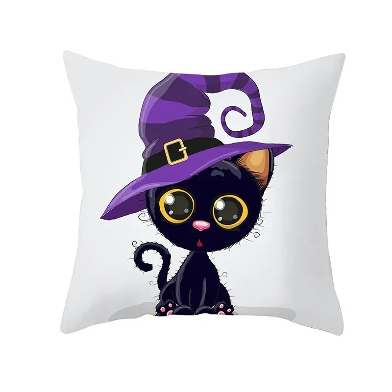 Axyaa Black Cat Pumpkin Cushion Cover 45x45 cm - Home Decor Funny Printed Pillow Case