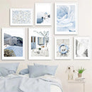 Blue Flower Santorini Sea Wall Art Canvas Painting Greece Island Poster - Axyaa Nordic Home Decor