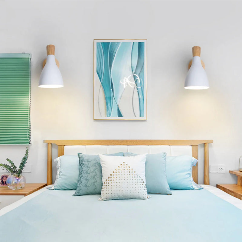 Nordic Wooden Wall Lights Bedside Lamp Modern Sconce for Bedroom with White Lampshade, Axyaa Brand