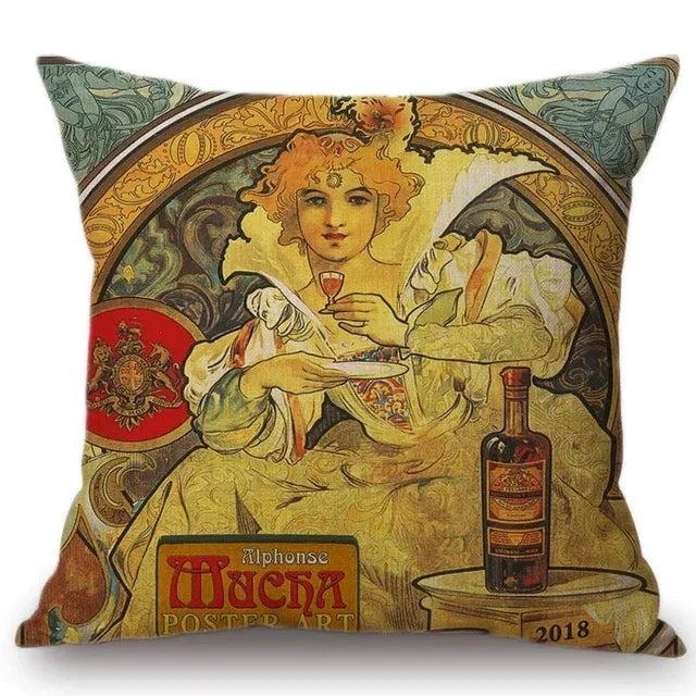 Axyaa Art Nouveau Mucha Gallery Cushion Cover - Beautiful Girl Pattern Linen Pillowcase