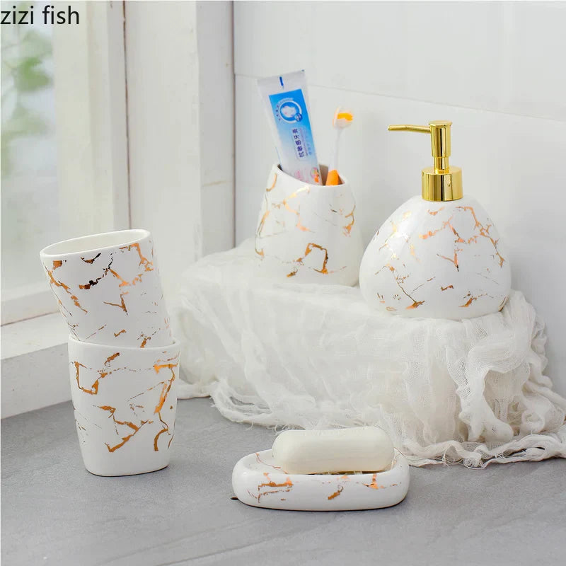 Axya Gold Marble Ceramic Bathroom Set - 7pcs