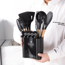 Axyaa Silicone Kitchen Utensils Set with Storage Bucket - Non-Stick, Wood Handle