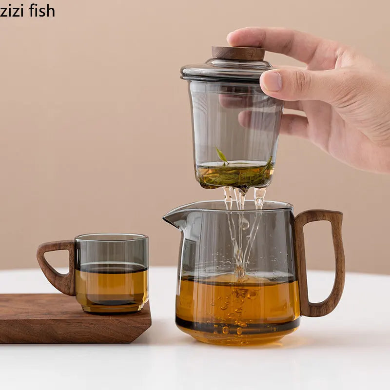 Axya Walnut Wood Glass Teapot Set Transparent Teacup Kungfu Tea Ceremony Set