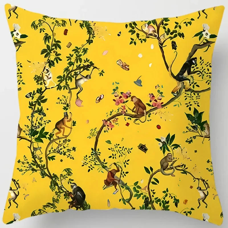 Yellow Floral Leaves Pattern Cushion Cover for Modern Living Room by Axyaa