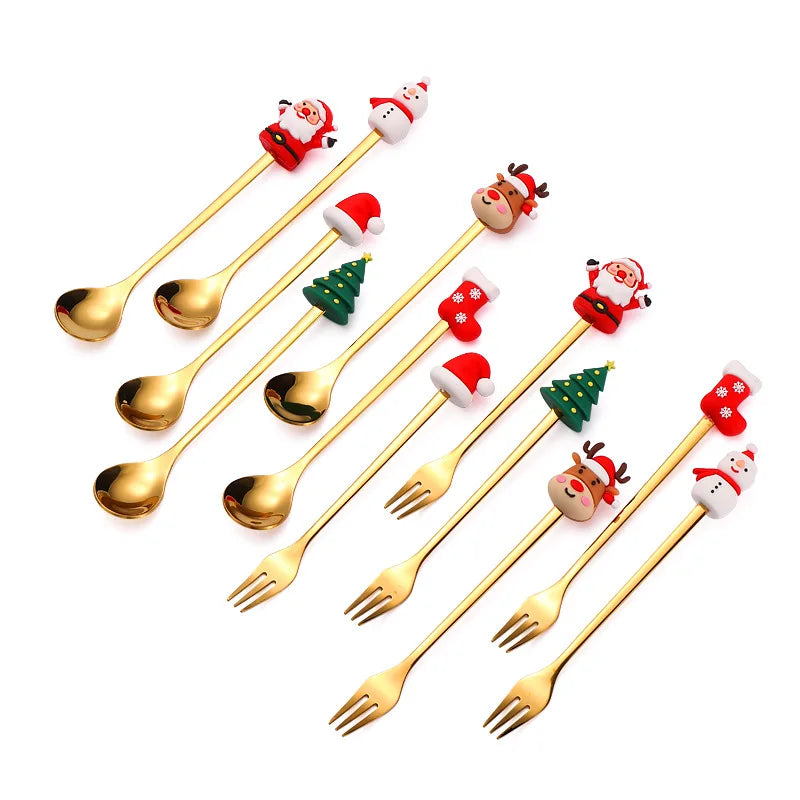 Axyaa Christmas Cutlery Set: Spoon, Fork, Elk Tree Decoration, Dessert Scoop