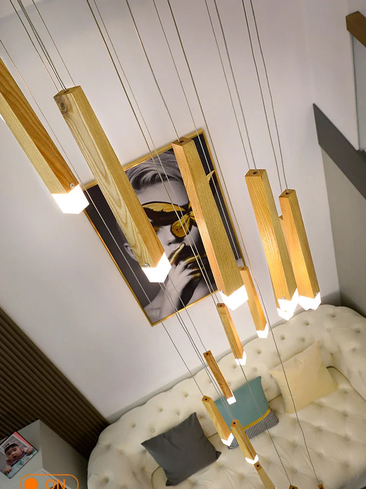 Axyaa Nordic Loft Rotating Wooden Chandelier - LED Staircase Pendant Light
