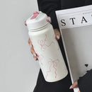 Axyaa Pink Ribbon Bow Thermos Stainless Steel Water Bottle with Straw Lid
